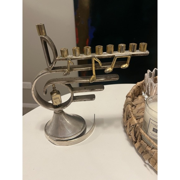 Vintage Brass & Silver Plated Menorah Musical Sankyo Music Box Treble Clef - Picture 5 of 10